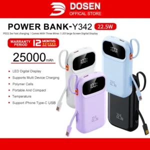 DOSEN Original Powerbank fast charging Y342 PD22.5W Portable 25000mAh Comes with three wires